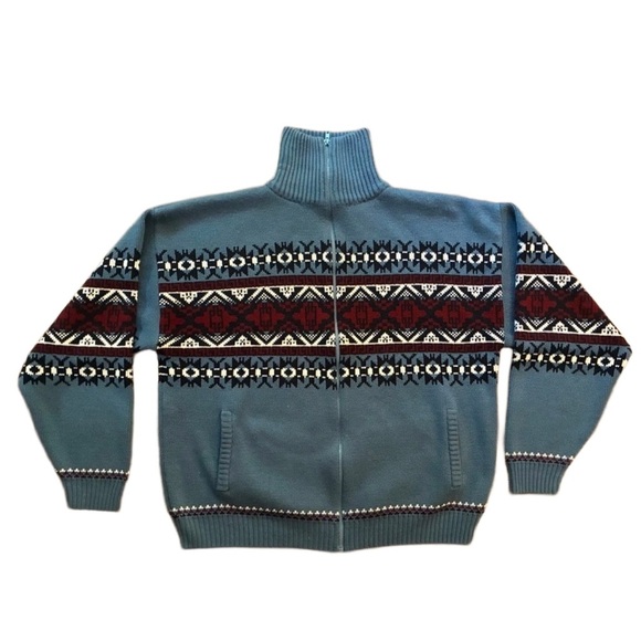 Vintage John Blair Nordic Fair Isle Zip Sweater Jacket Blue Red Geometric XLG - Picture 1 of 12
